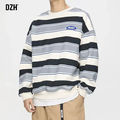 男士圆领条纹卫衣男秋季情侣百搭宽松休闲外套2023新款潮流上衣商品大图