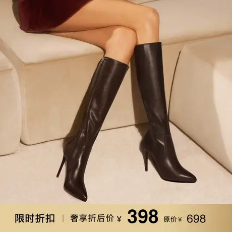 熙漫2023秋冬新款尖头不过膝黑色长靴细跟简约防水台显瘦高筒靴女图片