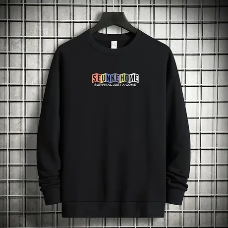 380g重磅纯棉黑色卫衣男2023新款摇粒绒加绒保暖圆领无帽长袖t恤商品大图