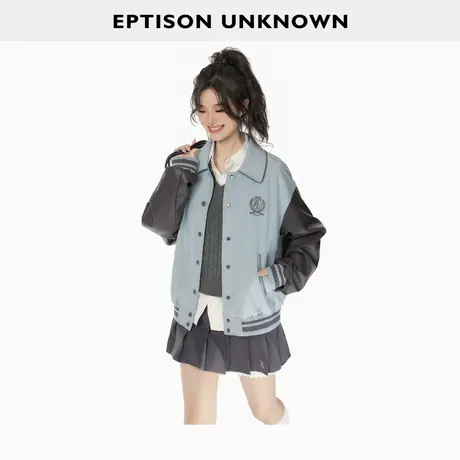 EPTISON外套女2025秋季新款美式复古撞色拼接PU皮袖休闲夹克上衣图片