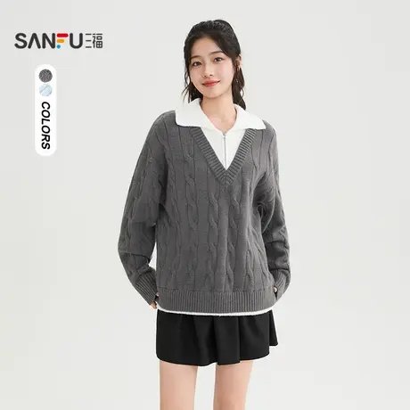 三福毛衣2025冬季撞色拼接假两件宽松麻花织上衣女装505620商品大图