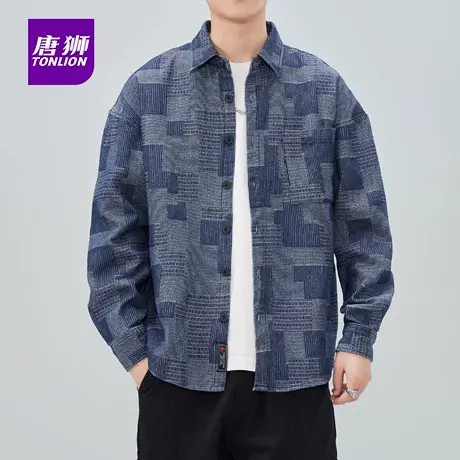 唐狮秋季薄款长袖翻领衬衫美式复古男士仿牛仔外套上衣服潮AP图片