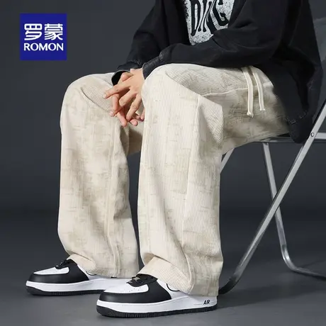 罗蒙男士时尚潮流阔腿裤2025秋季新款垂坠感宽松直筒裤系绳休闲裤图片