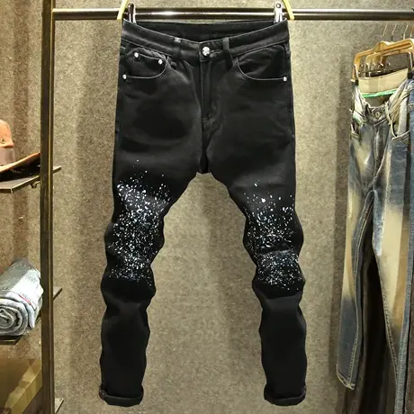 黑色痞帅男士牛仔裤秋冬款弹力修身小脚裤潮牌破洞补丁泼墨裤子男商品大图