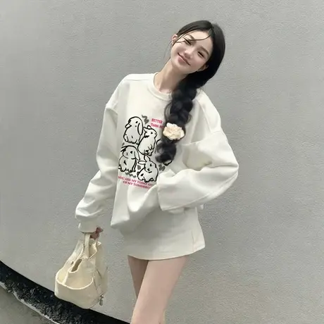 韩系白色圆领卫衣女2025新款爆款秋季宽松美式慵懒外套长袖上衣潮商品大图