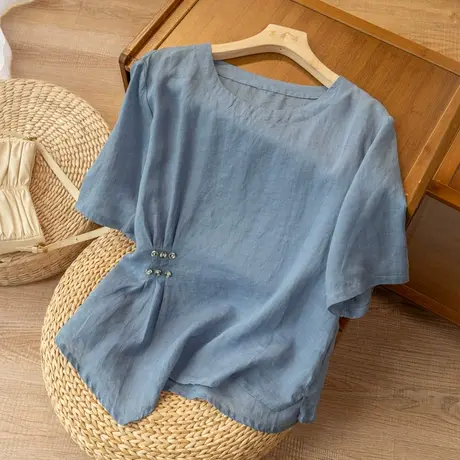 短袖苎麻上衣抽褶设计高级感文艺复古棉麻小衫宽松百搭2022夏新款图片