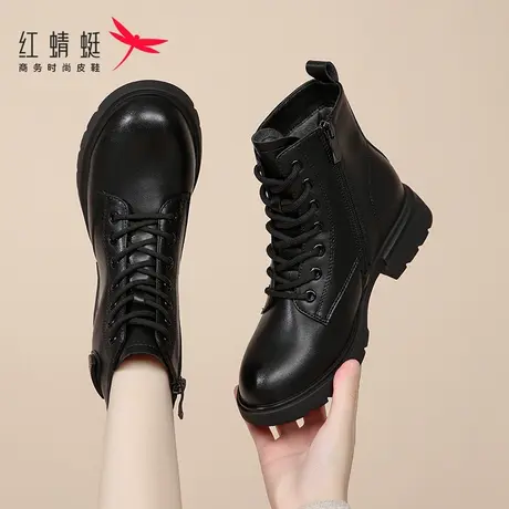 红蜻蜓女靴秋冬靴子英伦风马丁靴女款2024新款春秋款短靴加绒保暖商品大图