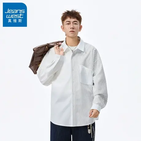 N5真维斯男士长袖衬衫2025秋季新款美式时尚拼接外套男生休闲衬衣商品大图