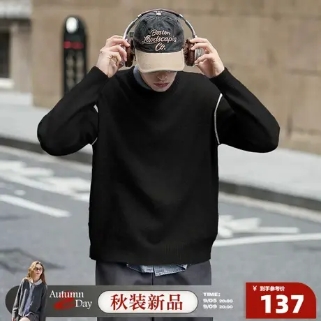 唐狮2025秋季毛衣男圆领套头黑色撞色时尚宽松潮流毛线衫休闲上衣商品大图