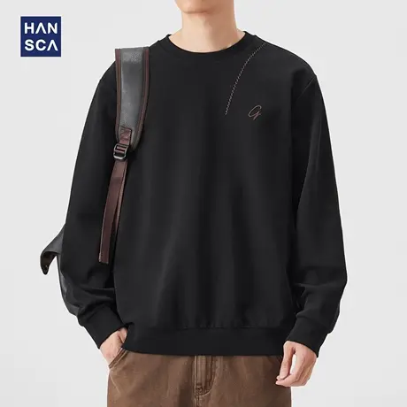 hansca360g重磅潮牌刺绣圆领卫衣男2025秋季新款抗皱微弹黑色上衣商品大图
