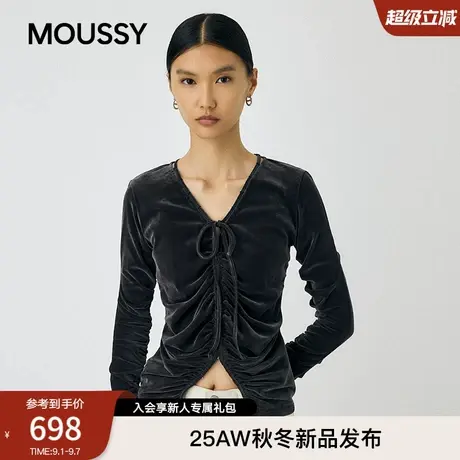 moussy2025秋季新品优雅植绒褶皱修身系带V领针织衫010IA380-4251商品大图