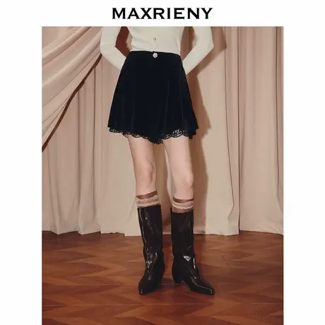 MAXRIENY法式复古收腰A型丝绒短裤25秋款蕾丝拼接伞摆高腰裙裤女图片
