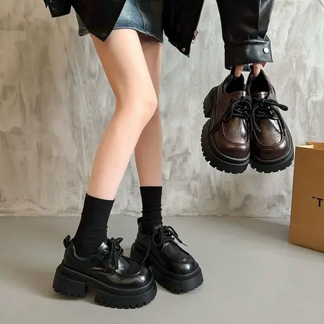 厚底增高小皮鞋女2025年秋季新款系带学院风单鞋小个子时尚乐福鞋商品大图