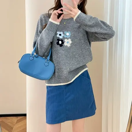 唐狮秋冬新款毛衣女温柔系超好看复古简约花朵图案设计圆领套头TD商品大图