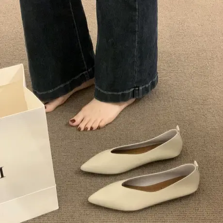 真皮小香风单鞋女款秋季2023新款尖头软皮奶奶鞋平底软底孕妇瓢鞋图片