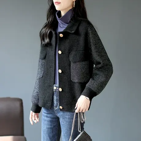 宝诗黎亮丝拼接针织口袋外套单排扣开衫上衣2023秋季新款时尚女装图片