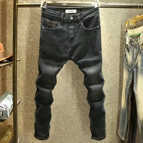 高端大牌印花黑色男士牛仔裤修身小脚裤潮牌韩版百搭裤子男秋冬款商品大图