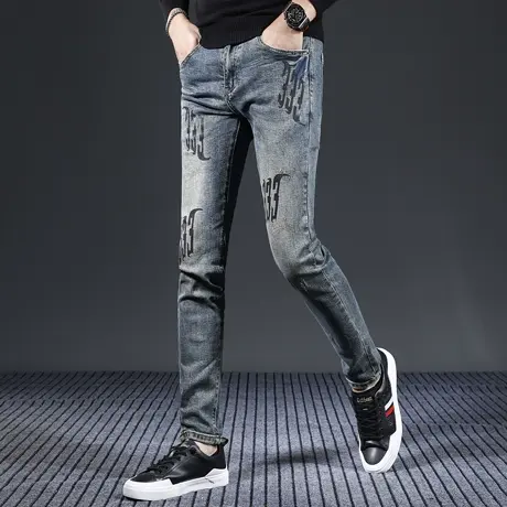 秋冬款复古蓝印花牛仔裤男修身小脚2023新款高端弹力男士裤子痞帅商品大图