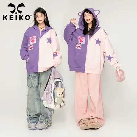 KEIKO [加密绒]酷感拼色连帽卫衣女加厚2023秋冬oversize开衫外套商品大图