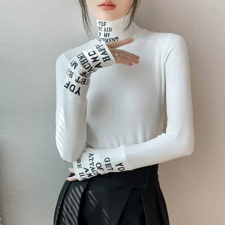 套手指高领打底衫女2023秋冬字母刺绣内搭长袖T恤加绒加厚上衣商品大图