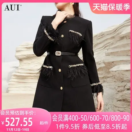 AUI黑色名媛气质修身毛呢外套女2023秋冬新款高端中长款呢子大衣图片