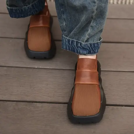 Artmu阿木原创复古一脚蹬乐福鞋松糕鞋厚底踝靴真皮短靴春秋单靴商品大图