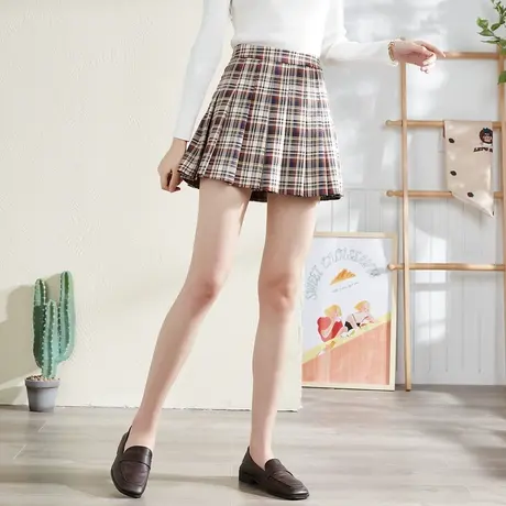 唐狮半身裙春秋新款百褶裙女百褶裙女夏百搭格子短裙图片