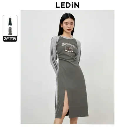 乐町新品开叉针织连衣裙2023年秋季拼接插肩设计修身女生显瘦长裙商品大图