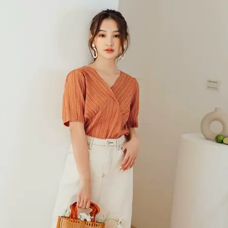 桔熊夏季通勤交叉V领皱皱暗纹雪纺衫泡泡袖上衣女胖mm大码AB15700商品大图