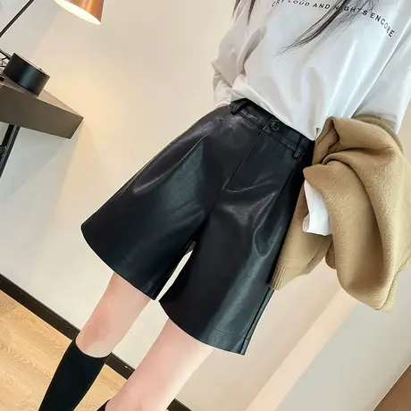 pu皮短裤女直筒春秋2024新款高腰宽松休闲裤黑色阔腿五分a字皮裤商品大图