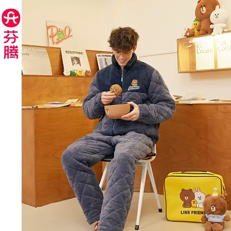 芬腾秋冬季珊瑚绒夹棉睡衣男加厚保暖三层法兰绒抗静电家居服套装商品大图