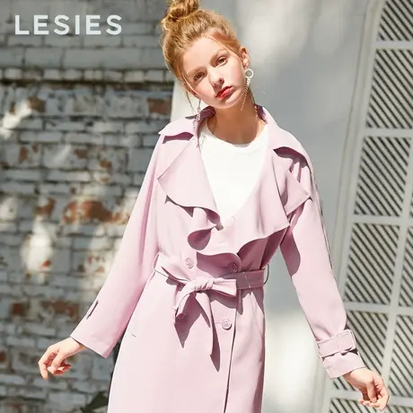 蓝色倾情春夏季女装新款 长款风衣外套过膝粉色系带修身长袖风衣图片