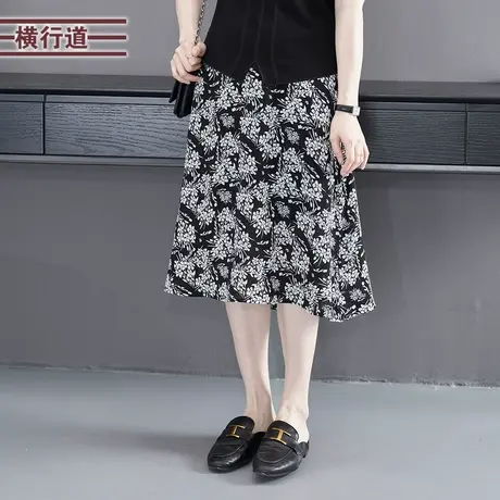2024夏季新款韩版简约碎花中长款雪纺松紧半身裙女装外穿大码妈妈图片
