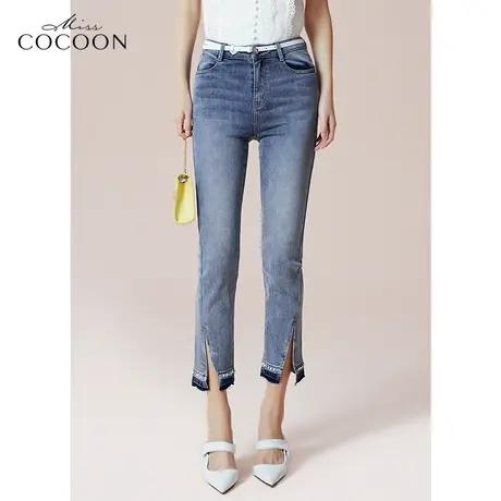 COCOON商场同款时尚裤子2023春新款女修身百搭舒适开叉设计牛仔裤商品大图