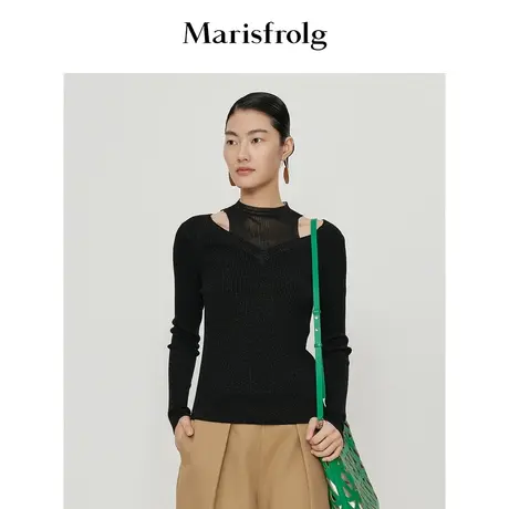 【假两件露肩针织衫】玛丝菲尔针织衫春季新款羊毛V领露锁骨毛衣商品大图