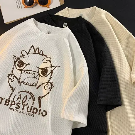 短袖t恤男夏季2025新款冰丝华夫格宽松卡通上衣半袖男装复古潮流t商品大图