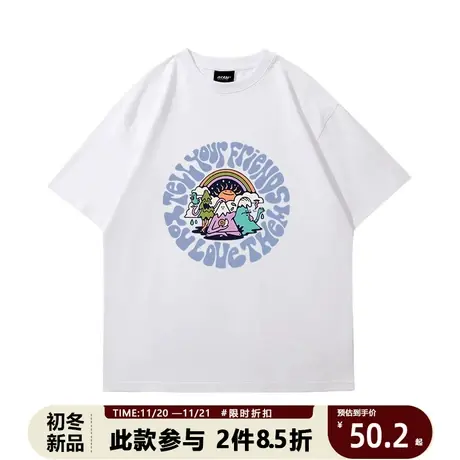 ins潮牌夏季可爱卡通印花短袖t恤男夏季港风五分袖搭配休闲上衣商品大图