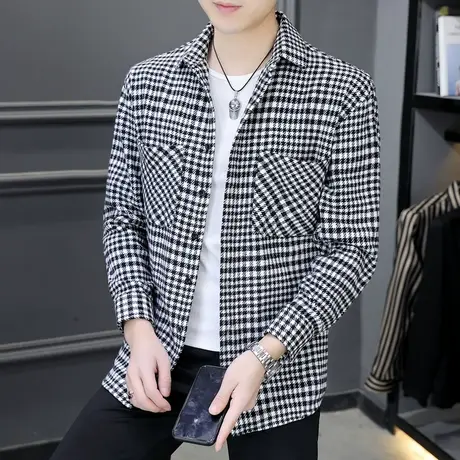 格子休闲长袖衬衫男士秋季宽松潮流衬衣外套大码男装青年翻领上衣商品大图