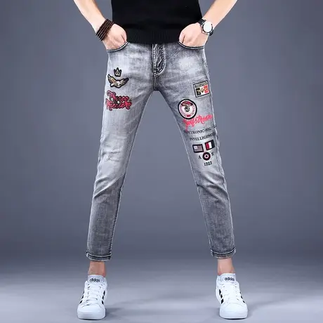 男士灰色刺绣花九分牛仔裤男秋冬男款2023年新款休闲修身小脚裤子商品大图