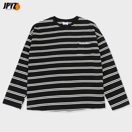 260G重磅长袖t恤男日系条纹秋冬季新疆纯棉宽松卫衣纯色打底衫潮商品大图
