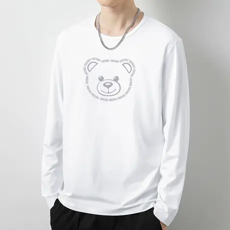 莫代尔小熊t恤男士长袖秋季薄款圆领内搭打底衫白色秋衣简约百搭商品大图