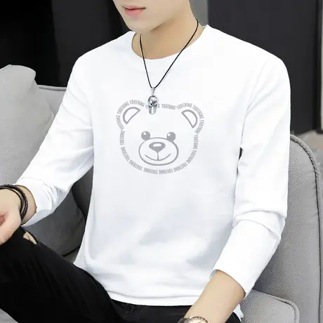 2023新款秋季长袖t恤男纯棉宽松白色秋衣小熊内搭打底衫全棉体恤商品大图