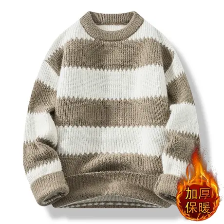 撞色条纹毛衣男秋冬款圆领针织衫男打底衫高级感黄金貂保暖毛线衣商品大图