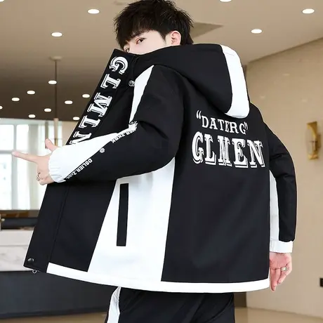 秋冬季外套男装加绒加厚韩版潮流青年短款连帽男士夹克保暖外衣服商品大图