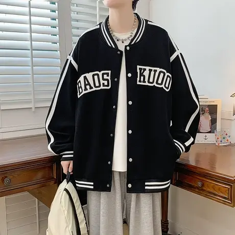 字母贴布绣花棒球服男春秋款潮牌宽松休闲开衫外套秋季青少年夹克商品大图