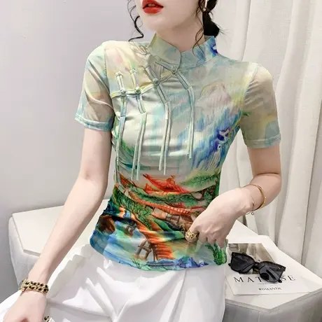 复古国潮女装性感网纱小衫夏季设计感盘扣立领T恤漂亮印花上衣ins商品大图
