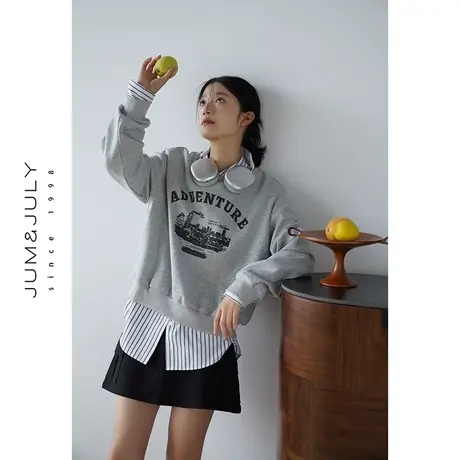 嘉茱莉2023秋季新款字母印花圆领卫衣女短款套头上衣oversize外套商品大图