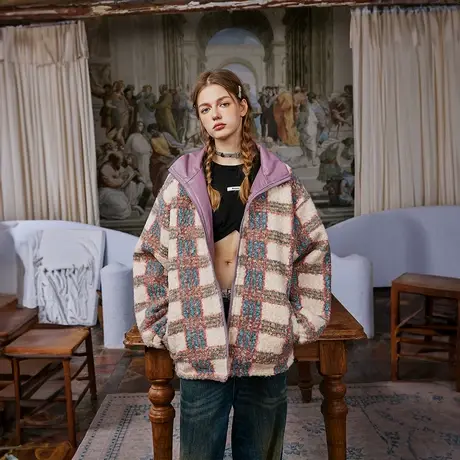 潮牌两面穿格子棉服女冬季加厚羊羔毛外套2023新款复古宽松小棉袄商品大图