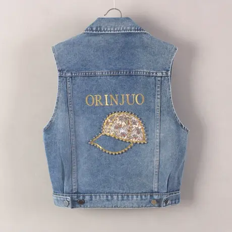 牛仔马甲女短款背心宽松春秋新款大码无袖外套显瘦外搭钉珠帽子潮商品大图