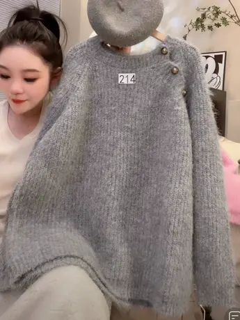 秋冬加厚简约设计感慵懒风宽松套头纯色时尚圆领百搭针织衫上衣潮图片